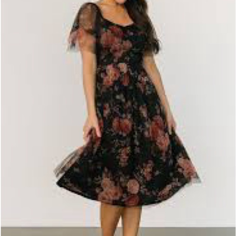 Baltic Born Gwyneth Tulle Midi Dress Size L Black Floral